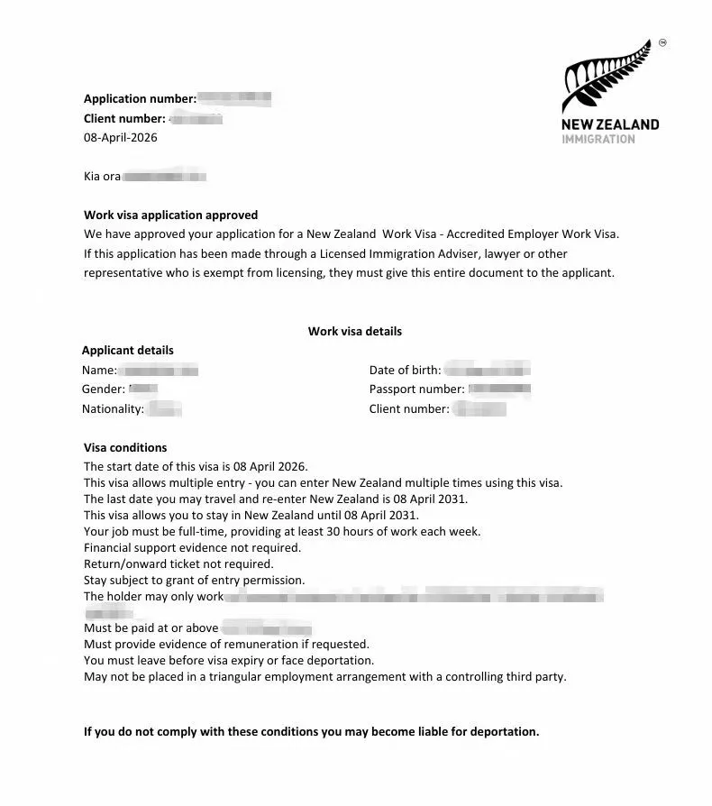 Anonymised Accredited Employer Work Visa approval notice