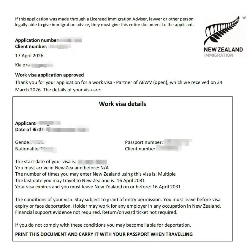Anonymised Partner of a Worker Work Visa approval notice