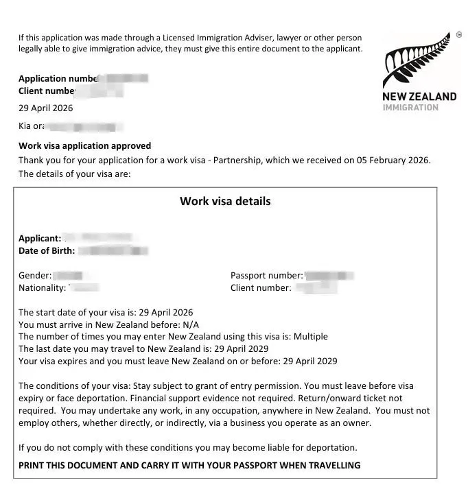 Anonymised Partnership Work Visa approval notice