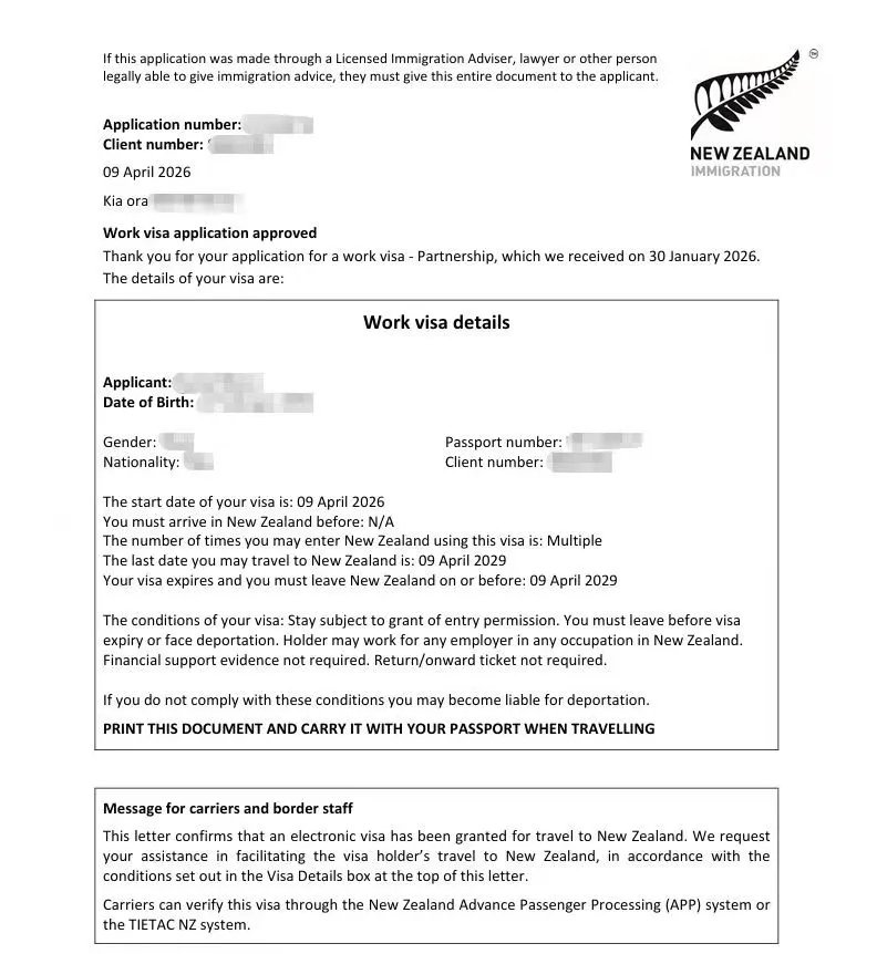 Anonymised Partnership Work Visa approval notice