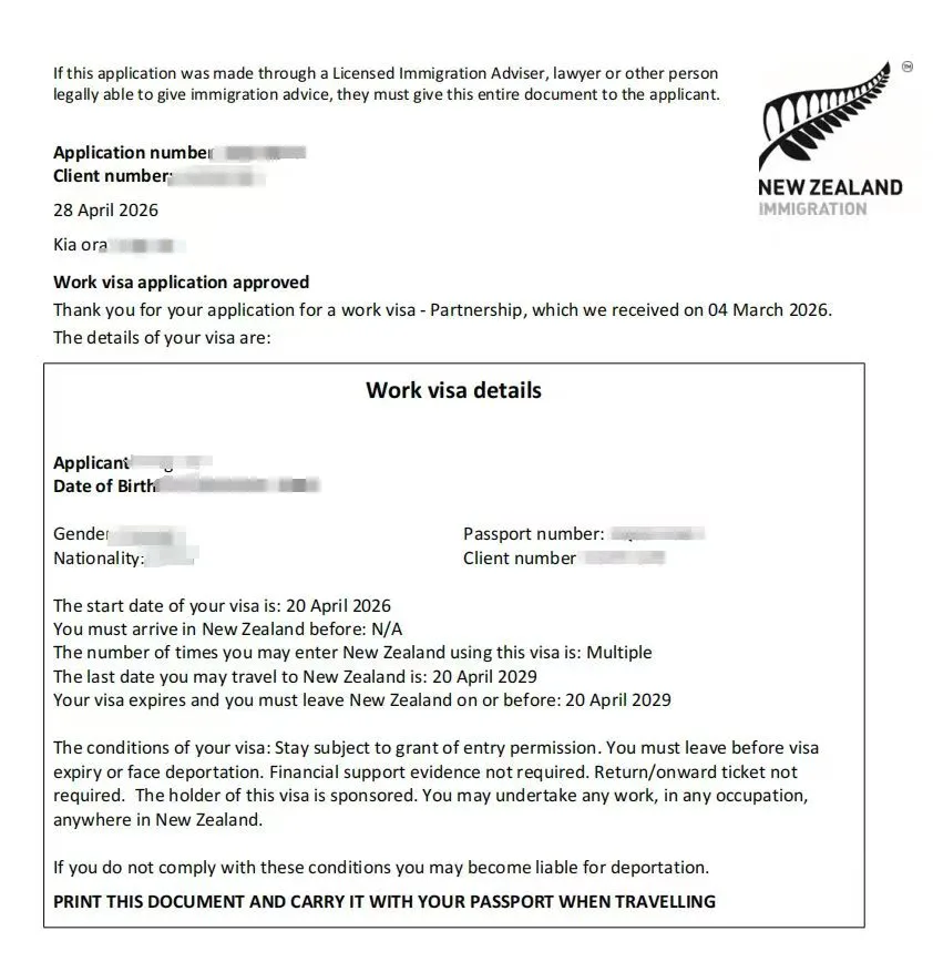 Anonymised Partnership Work Visa approval notice