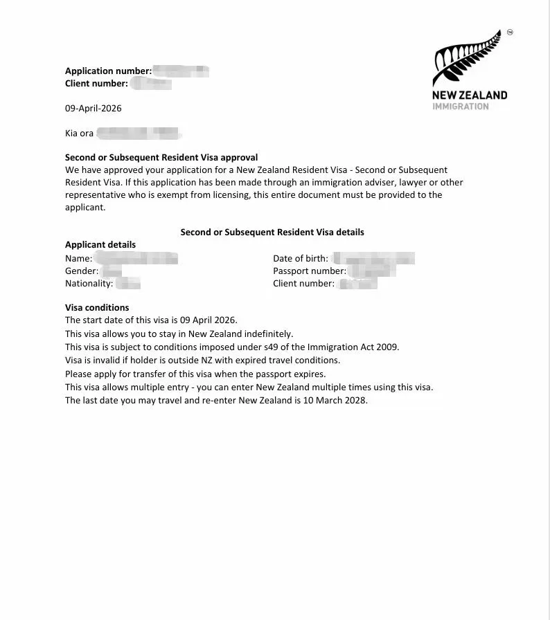 Anonymised Second or Subsequent Resident Visa approval notice