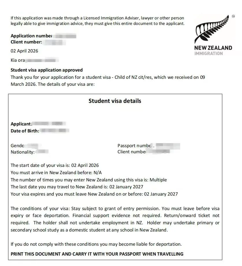 Anonymised Student Visa approval notice