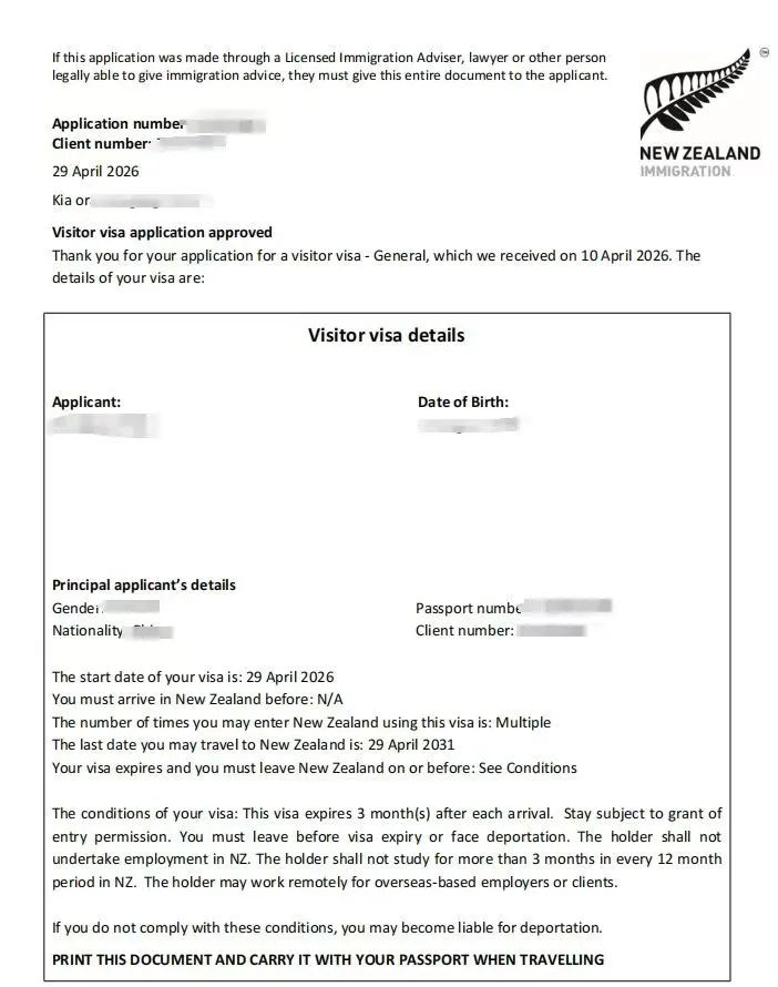 Anonymised Visitor Visa approval notice