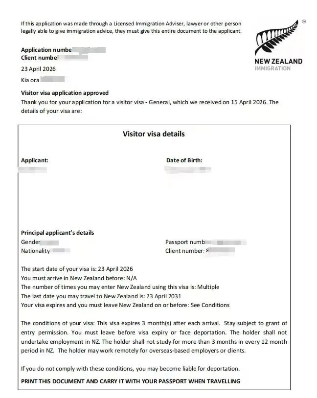Anonymised Visitor Visa approval notice