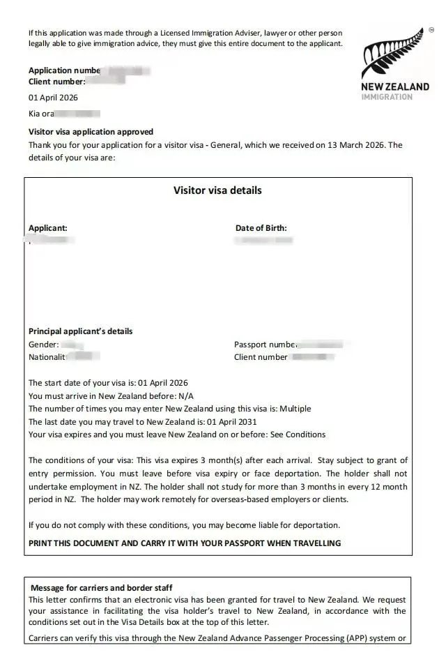 Anonymised Visitor Visa approval notice