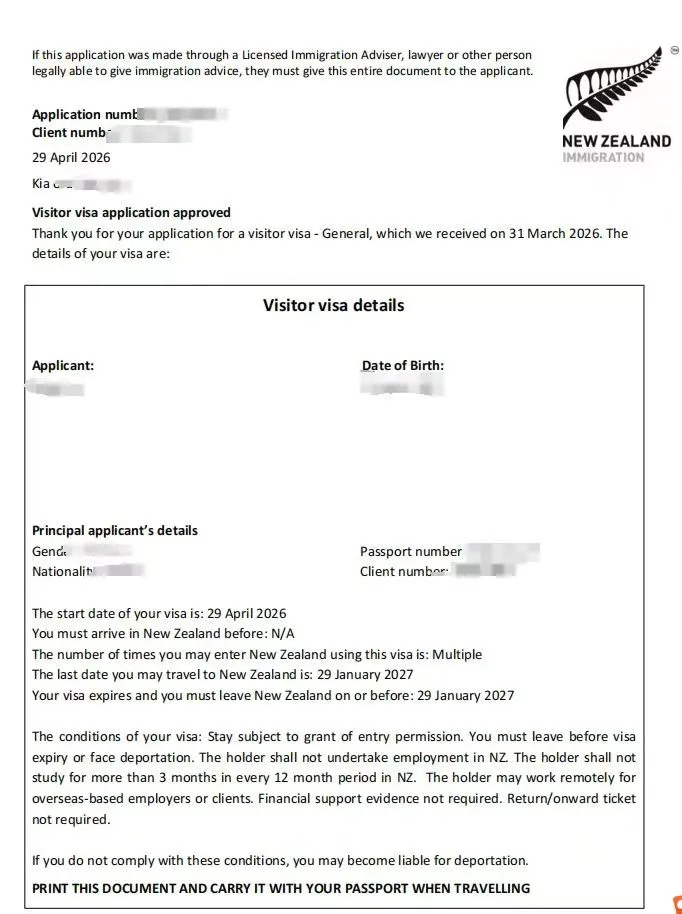 Anonymised Visitor Visa approval notice