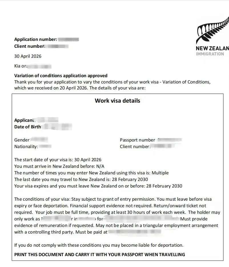 Anonymised Work Visa approval notice