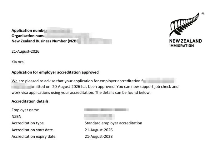 Anonymised Employer Accreditation approval notice