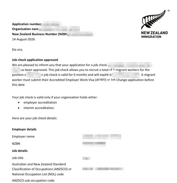 Anonymised Job Check approval notice