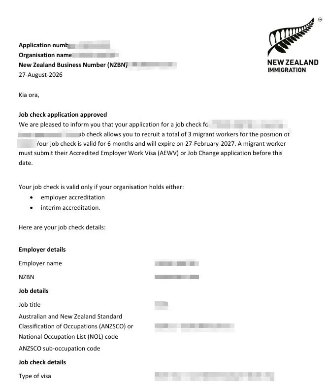 Anonymised Job Check approval notice