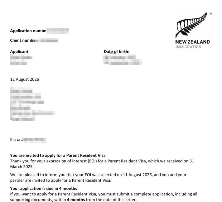 Anonymised Parent Resident Visa invitation to apply notice
