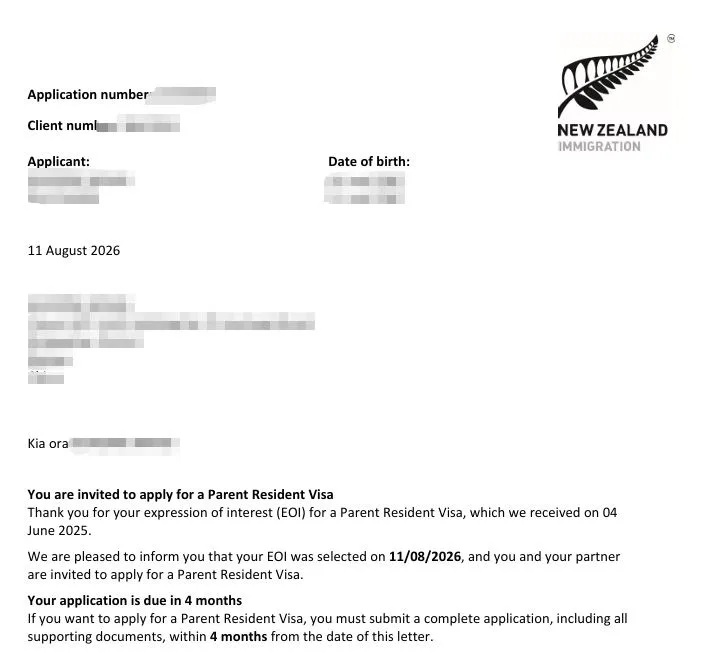 Anonymised Parent Resident Visa invitation to apply notice