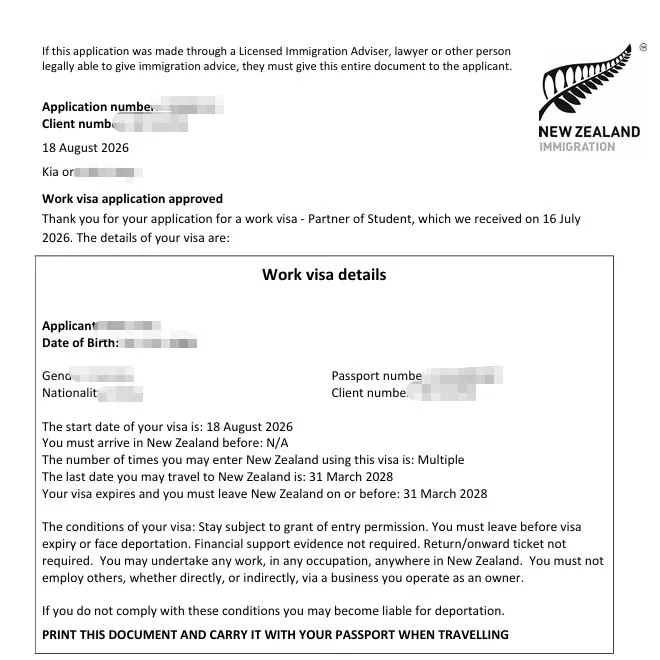 Anonymised Partner of a Student Work Visa approval notice
