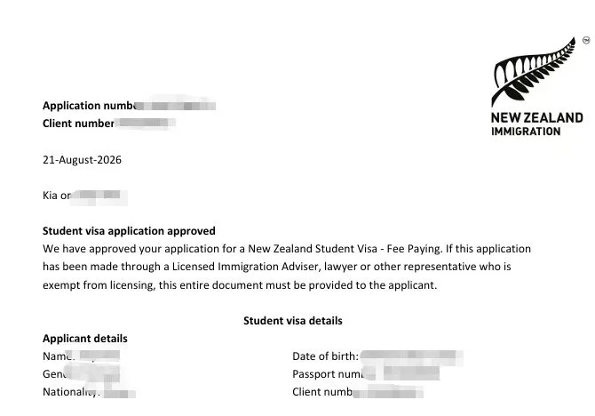 Anonymised Student Visa approval notice