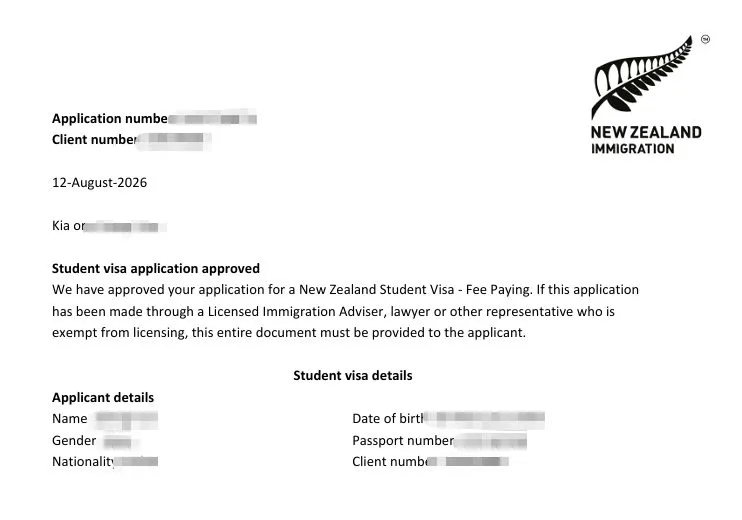 Anonymised Student Visa approval notice