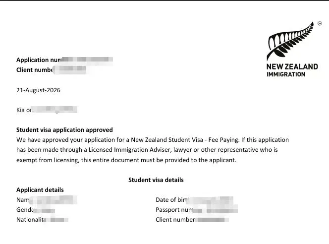 Anonymised Student Visa approval notice