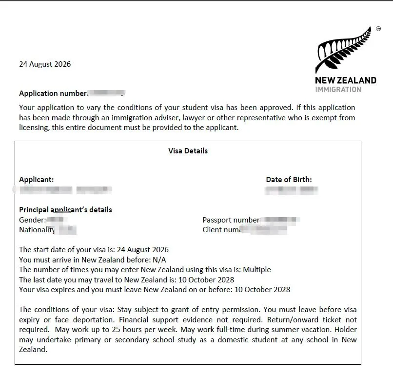 Anonymised Student Visa approval notice