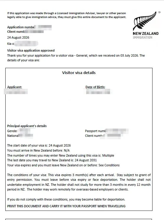 Anonymised Visitor Visa approval notice