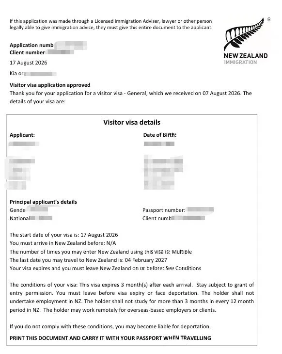 Anonymised Visitor Visa approval notice