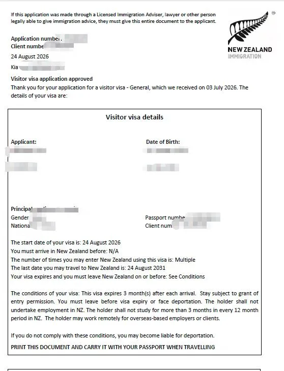 Anonymised Visitor Visa approval notice