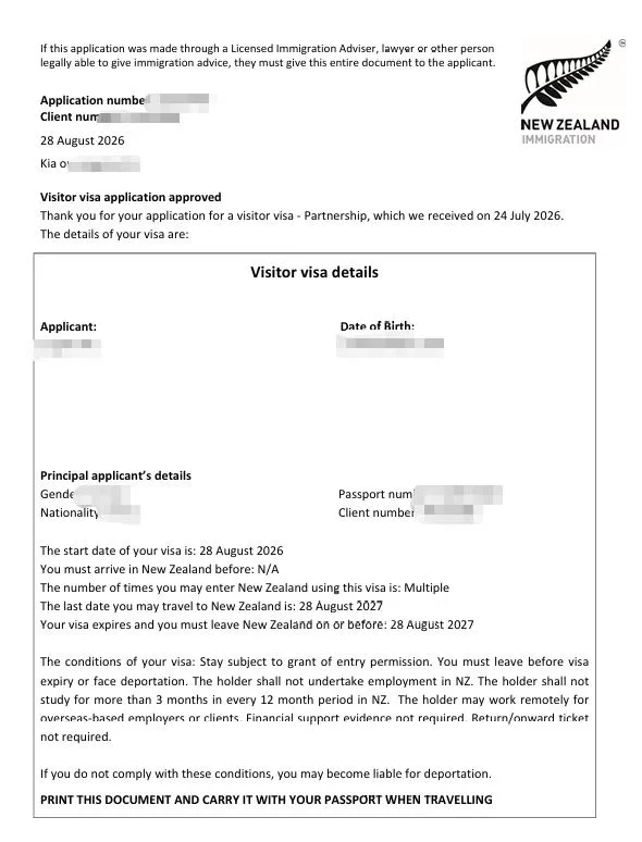 Anonymised Visitor Visa approval notice