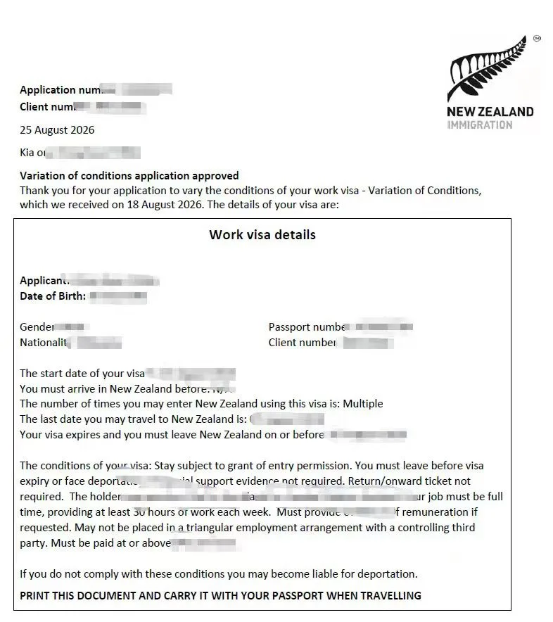 Anonymised Work Visa approval notice