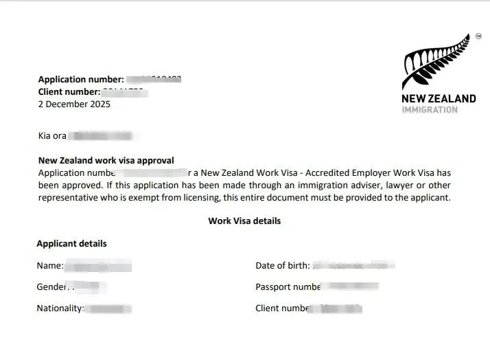 Anonymised Accredited Employer Work Visa approval notice