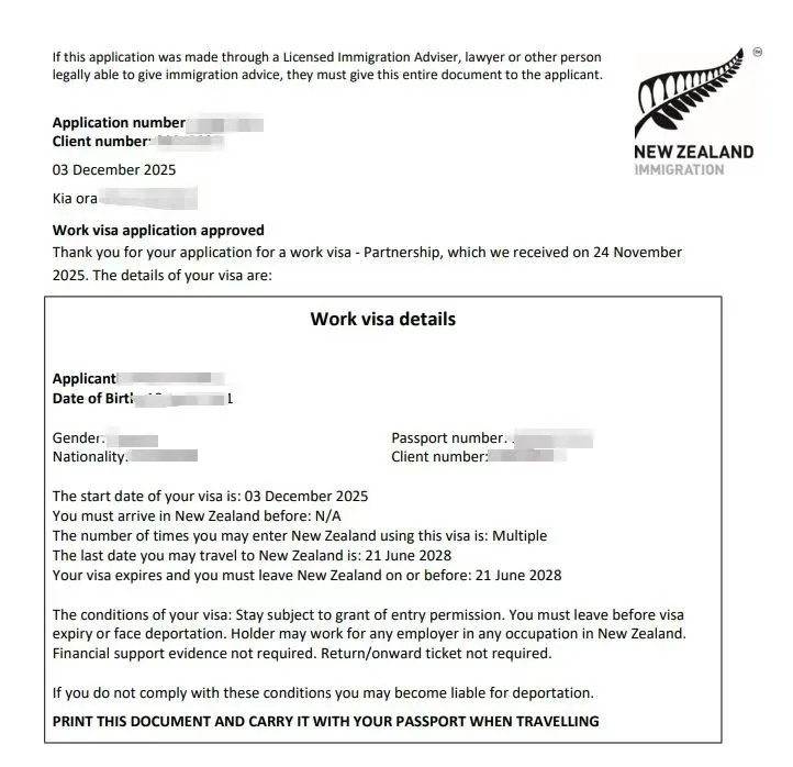 Anonymised Partnership Work Visa approval notice