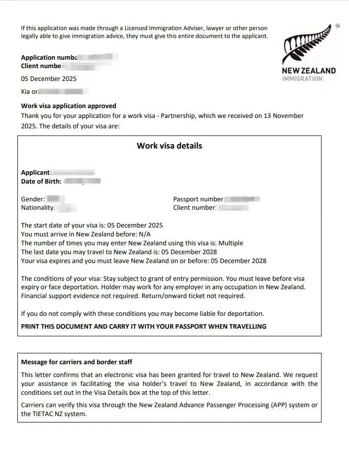 Anonymised Partnership Work Visa approval notice