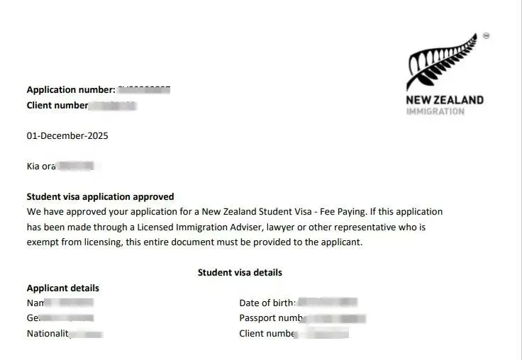 Anonymised Student Visa approval notice