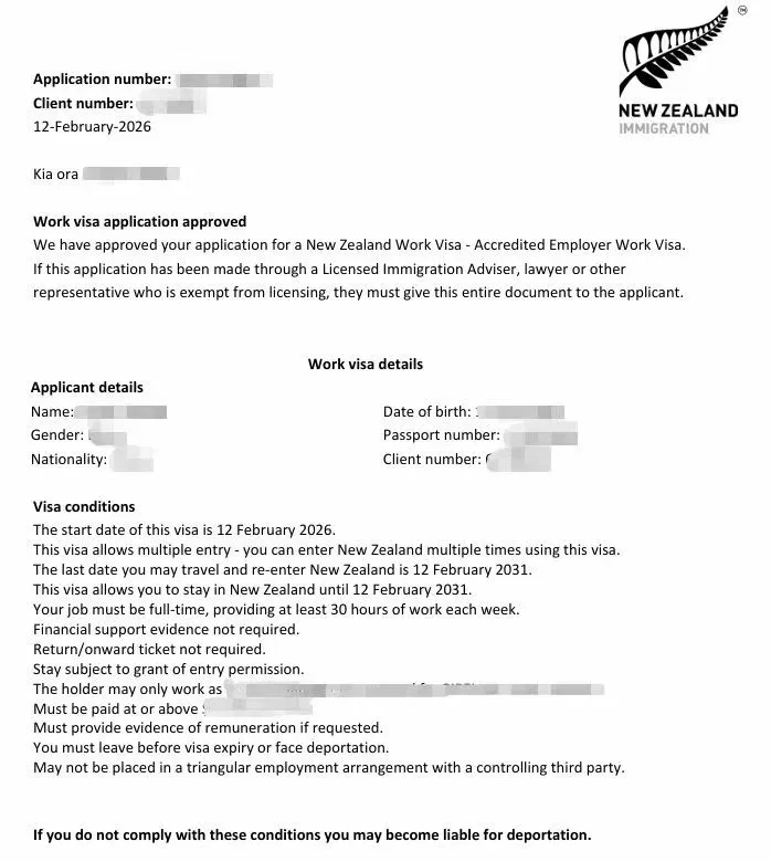 Anonymised Accredited Employer Work Visa approval notice