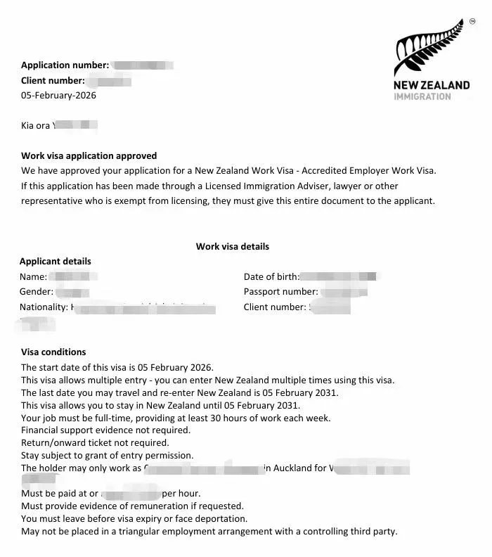 Anonymised Accredited Employer Work Visa approval notice