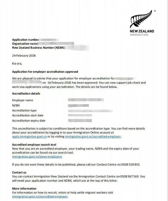 Anonymised Employer Accreditation approval notice
