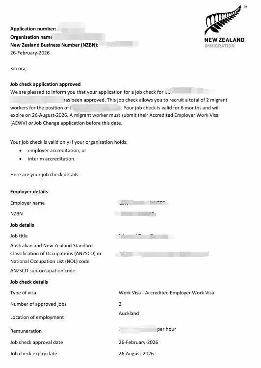 Anonymised Job Check approval notice