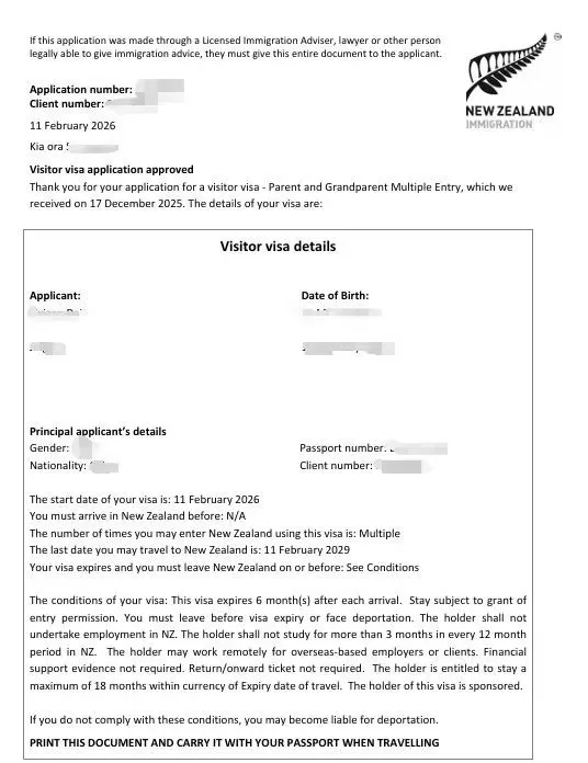Anonymised Parent and Grandparent Visitor Visa approval notice