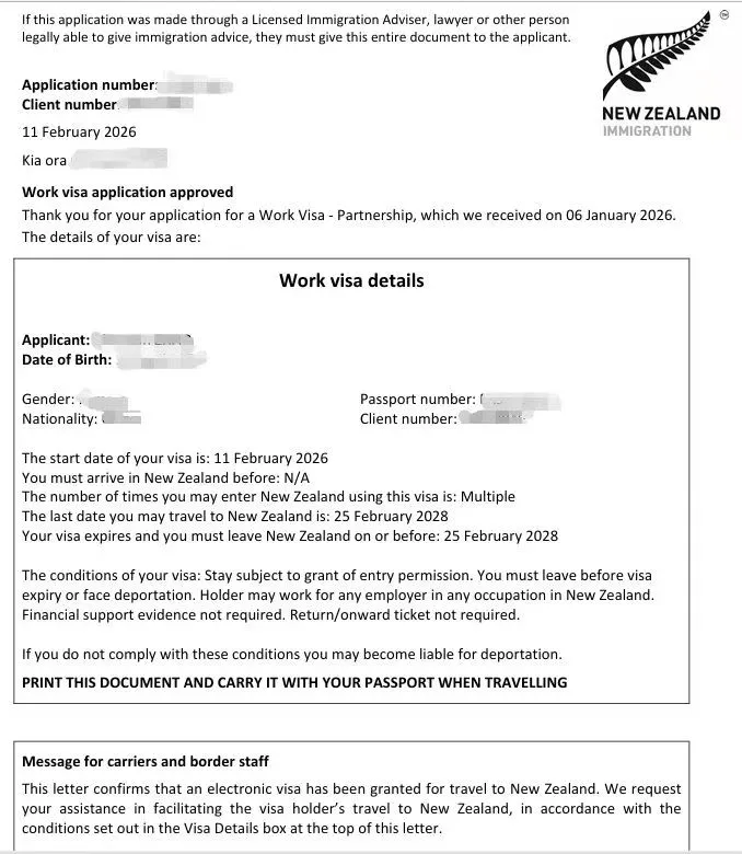 Anonymised Partnership Work Visa approval notice