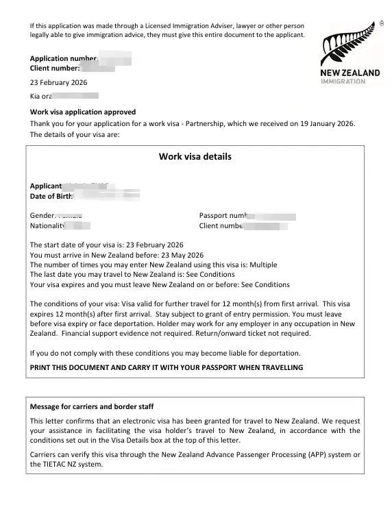 Anonymised Partnership Work Visa approval notice