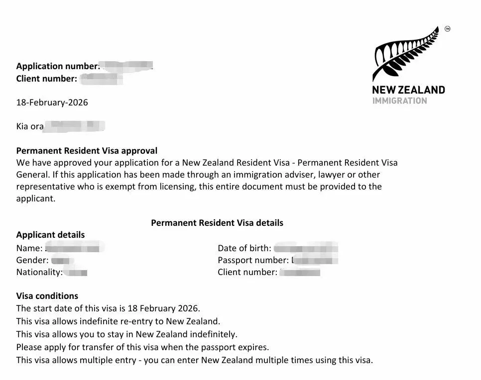 Anonymised Permanent Resident Visa approval notice