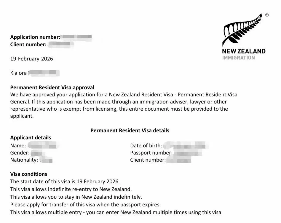 Anonymised Permanent Resident Visa approval notice