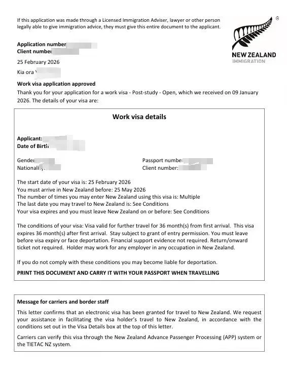 Anonymised Post Study Work Visa approval notice