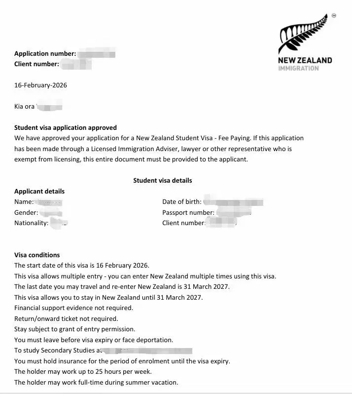 Anonymised Student Visa approval notice