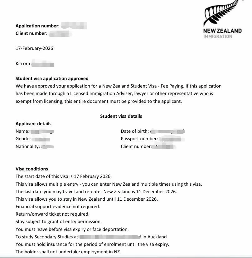 Anonymised Student Visa approval notice