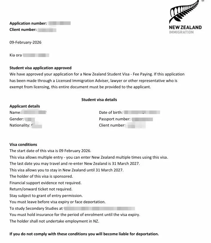 Anonymised Student Visa approval notice