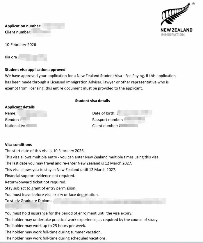 Anonymised Student Visa approval notice