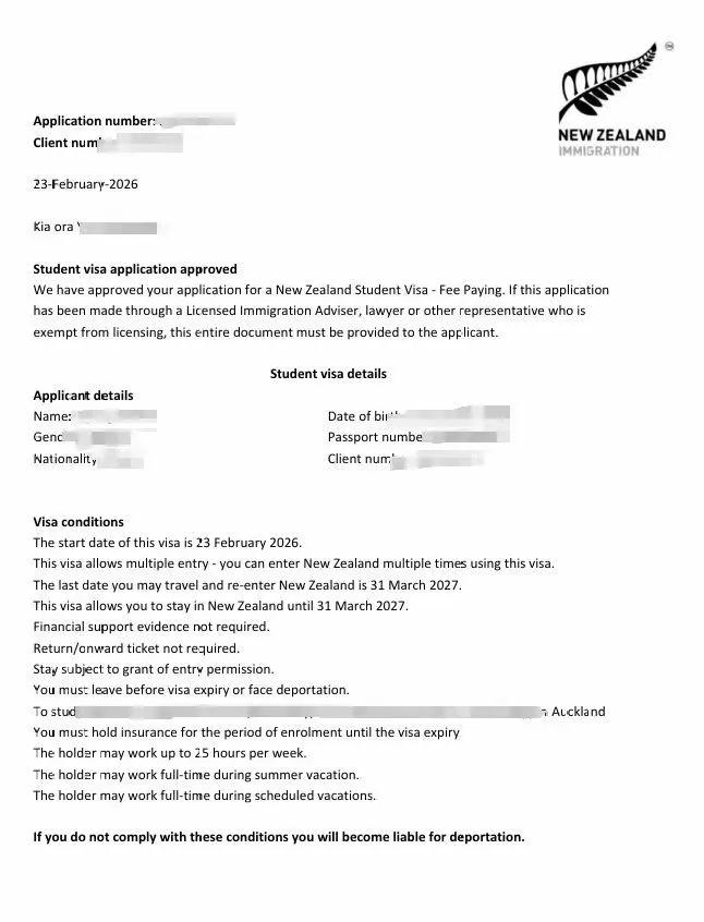 Anonymised Student Visa approval notice