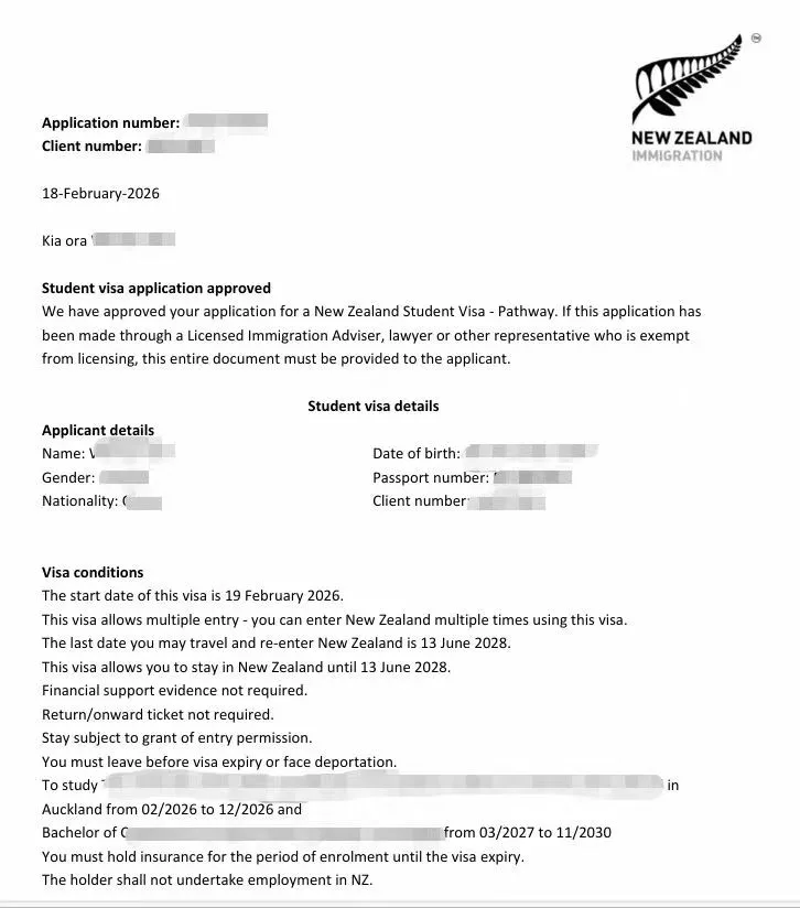 Anonymised Student Visa approval notice