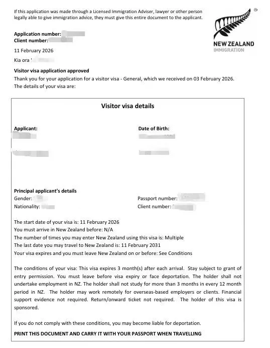 Anonymised Visitor Visa approval notice