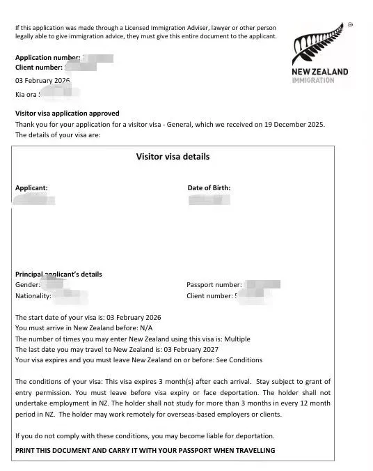 Anonymised Visitor Visa approval notice