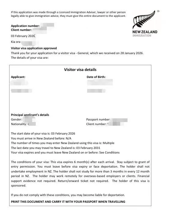 Anonymised Visitor Visa approval notice